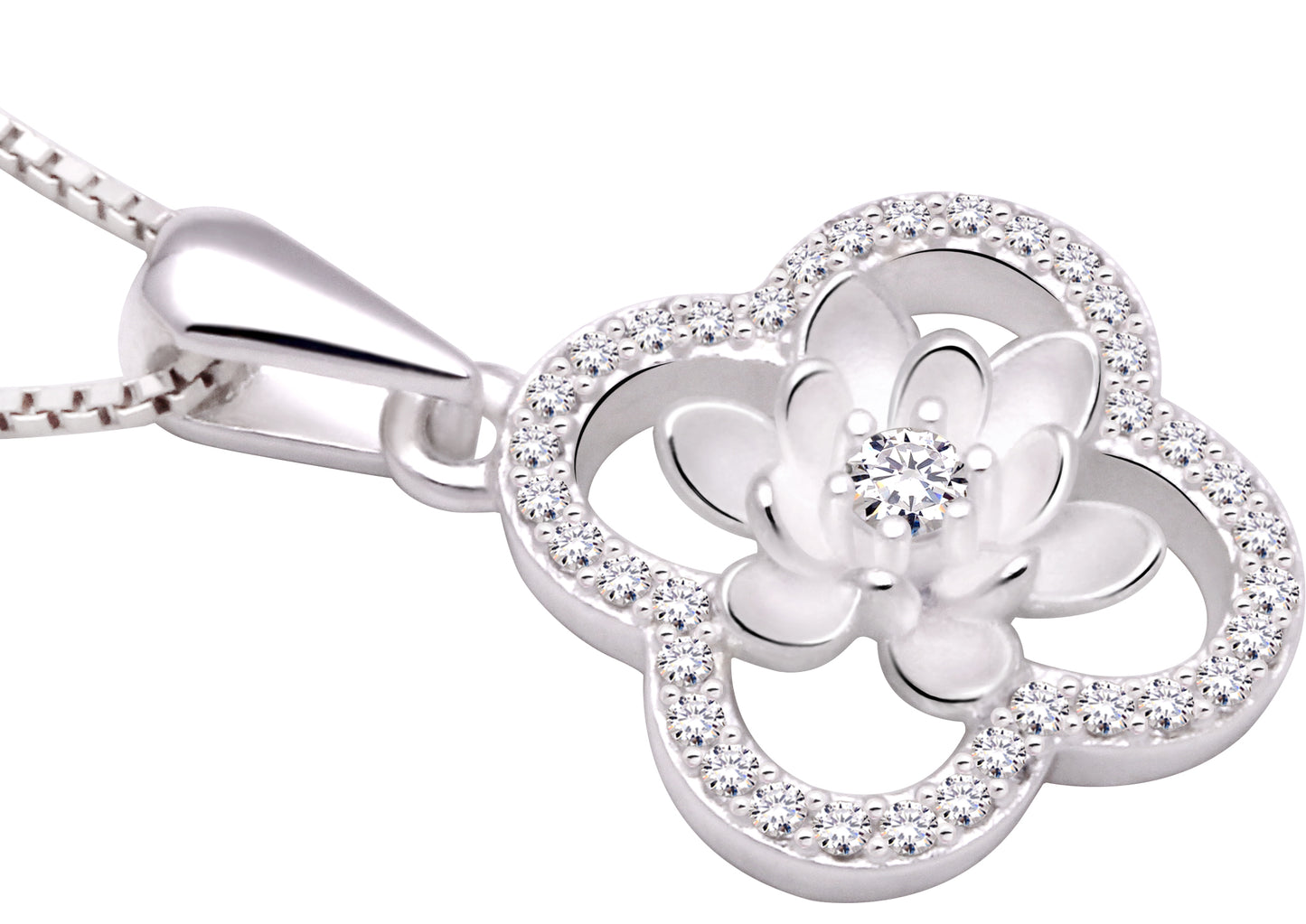 ALOV Jewelry Sterling Silver Four Leaf Clover Cubic Zirconia Pendant Necklace