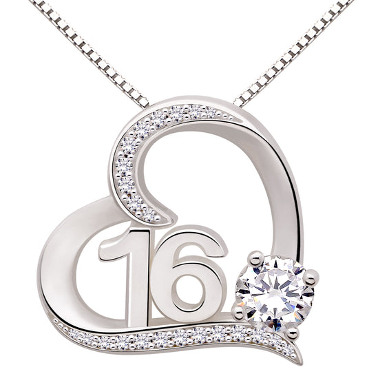 ALOV Jewelry Sterling Silver 16th Birthday Sweet 16 Sixteen Cubic Zirconia Pendant Necklace