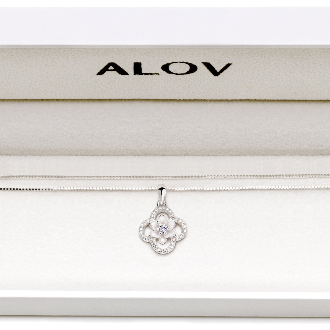 ALOV Jewelry Sterling Silver Four Leaf Clover Cubic Zirconia Pendant Necklace