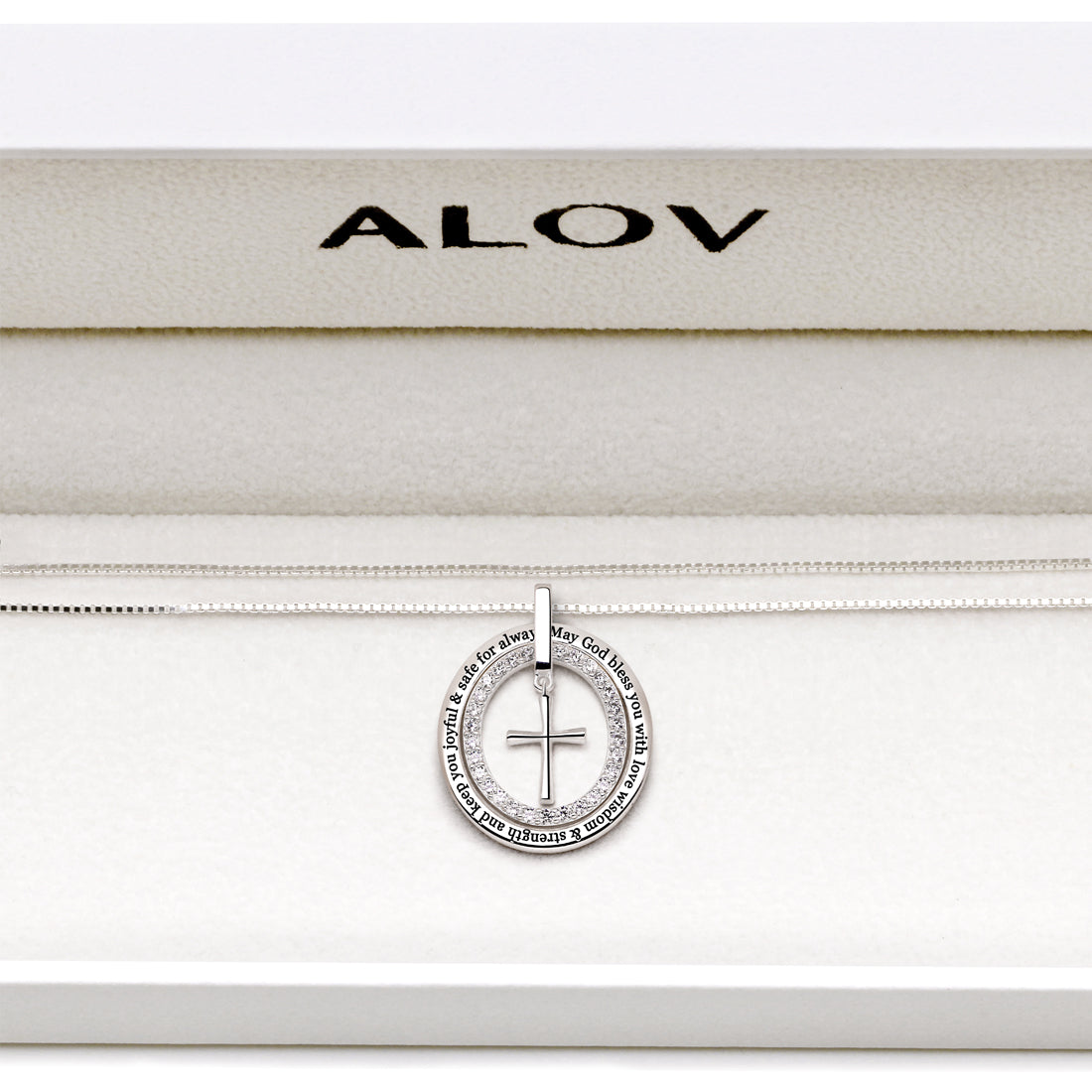 ALOV Jewelry Sterling Silver May God bless you with love wisdom & strength and keep you joyful & safe for always Cubic Zirconia Cross Pendant Necklace