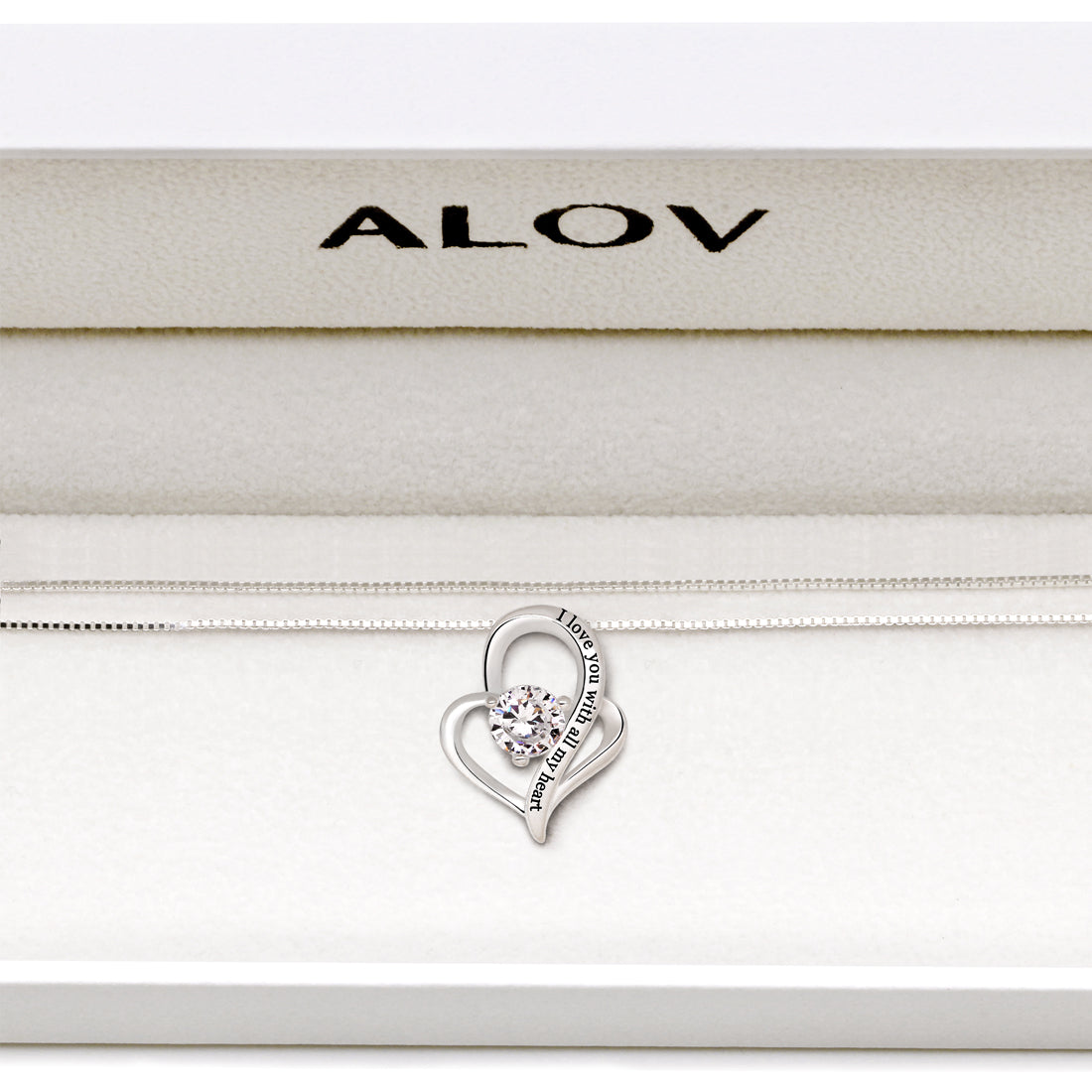 ALOV Jewelry Sterling Silver "I love you with all my heart" Love Heart Cubic Zirconia Necklace