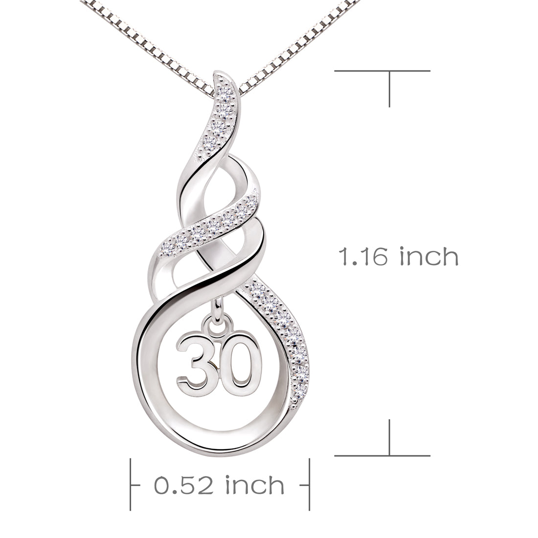ALOV Jewelry Sterling Silver 30th Birthday Anniversary Lucky Number 30 Cubic Zirconia Pendant Necklace
