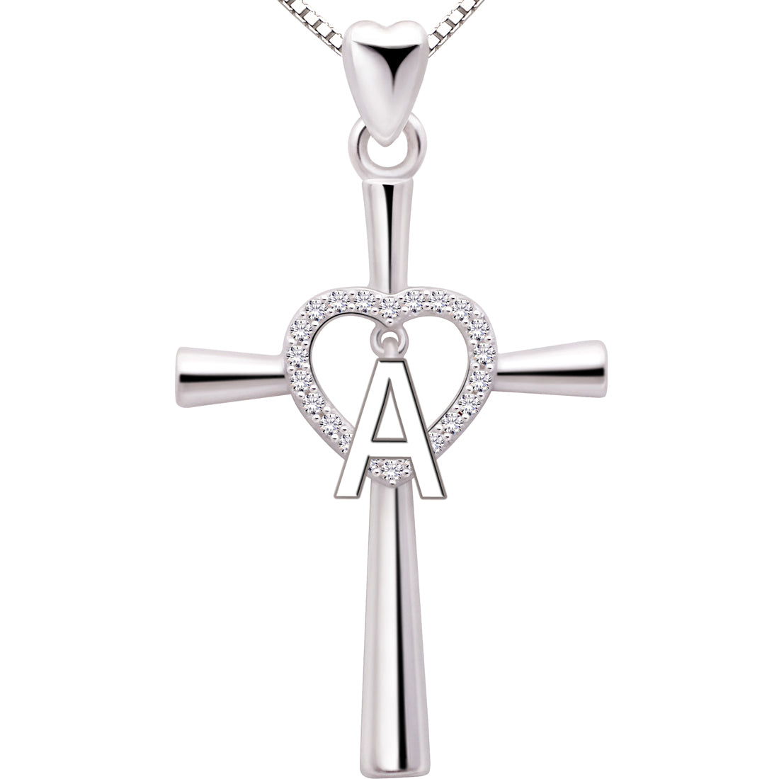 ALOV Jewelry Sterling Silver Initial Letter Alphabet Love Heart Cross Cubic Zirconia Pendant Necklace