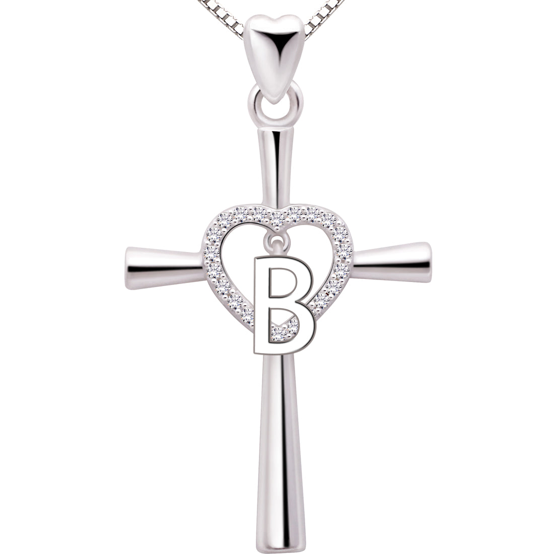 ALOV 珠宝纯银首字母字母爱心十字方晶锆石吊坠项链