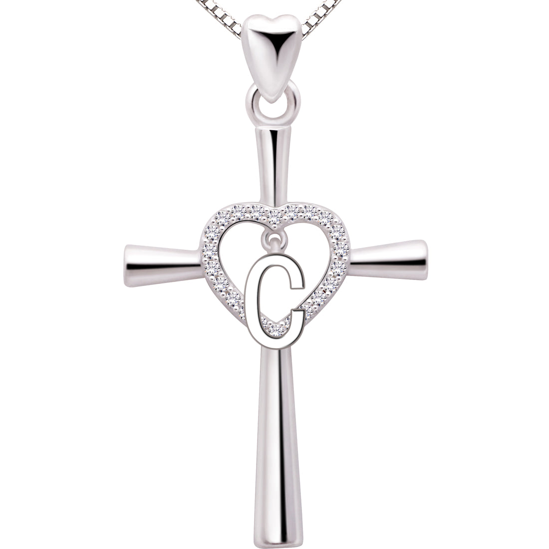 ALOV Jewelry Sterling Silver Initial Letter Alphabet Love Heart Cross Cubic Zirconia Pendant Necklace