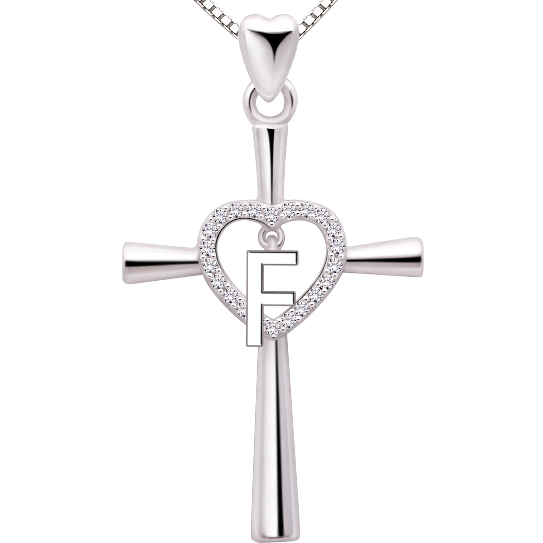 ALOV Jewelry Sterling Silver Initial Letter Alphabet Love Heart Cross Cubic Zirconia Pendant Necklace