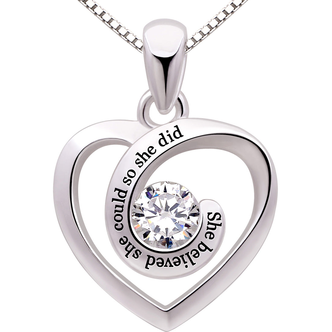 ALOV Jewelry Sterling Silver "She believed she could so she did" Love Heart Cubic Zirconia Pendant Necklace