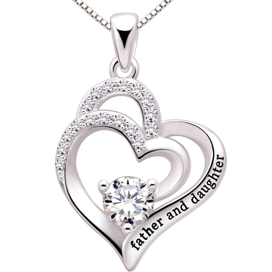 ALOV Jewelry Sterling Silver father and daughter Love Heart Cubic Zirconia Pendant Necklace