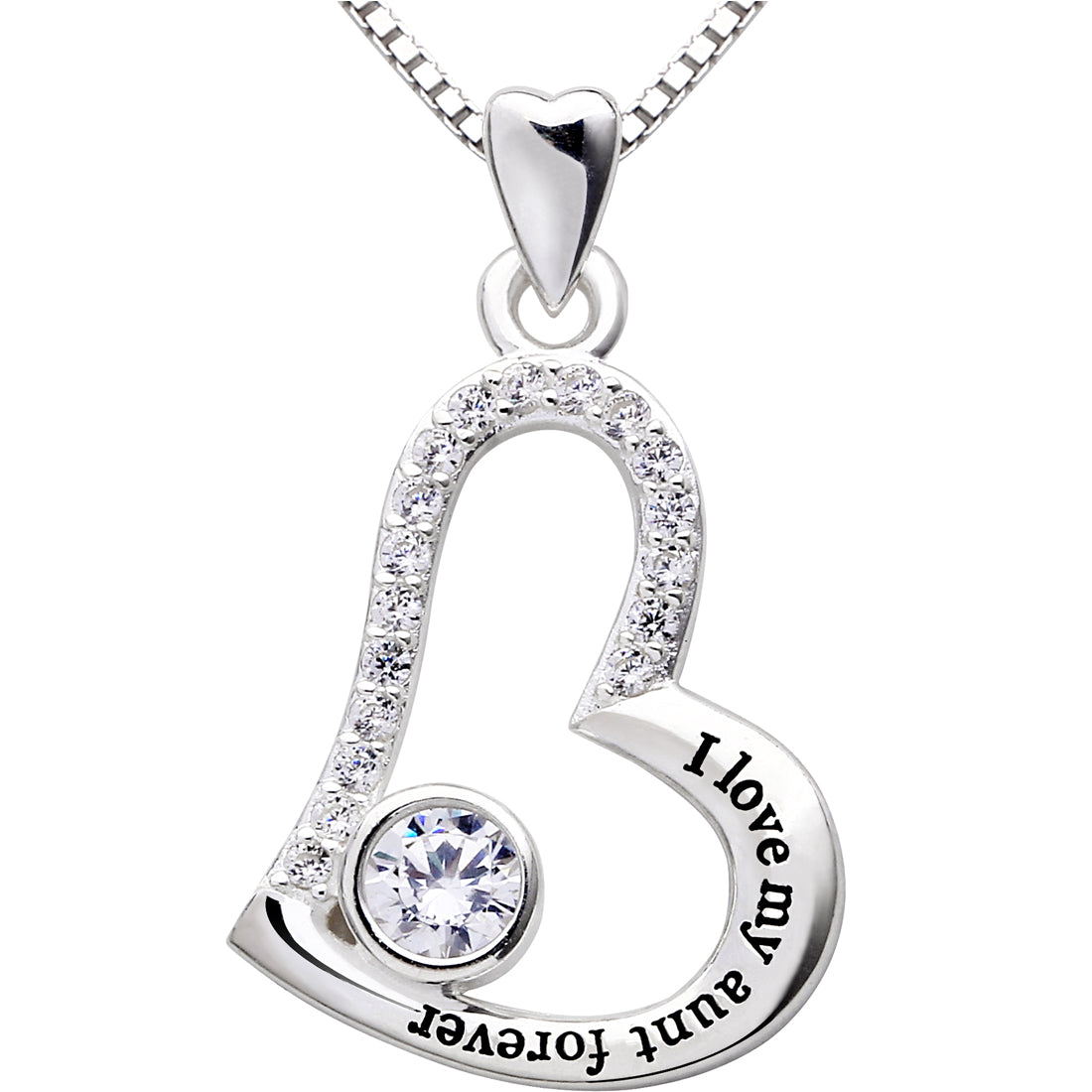 ALOV Jewelry Sterling Silver "I love my aunt forever" Love Heart Cubic Zirconia Pendant Necklace