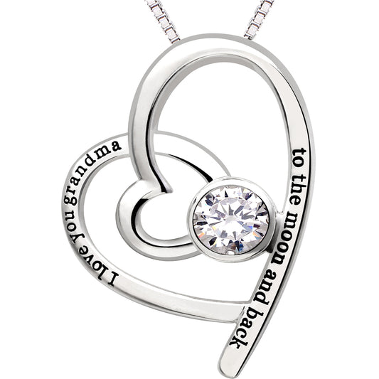 ALOV Jewelry Sterling Silver "I love you grandma to the moon and back" Love Heart Cubic Zirconia Pendant Necklace