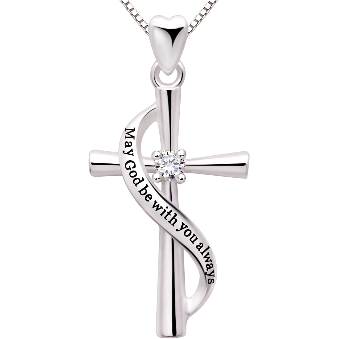 ALOV Jewelry Sterling Silver May God be with You Always Cubic Zirconia Cross Pendant Necklace
