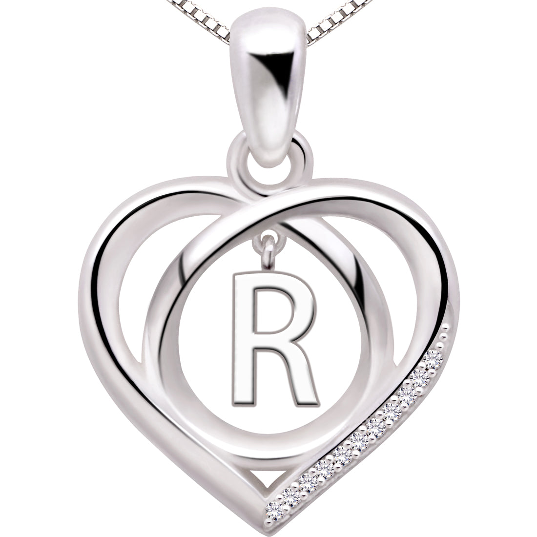 ALOV Jewelry Sterling Silver Initial Letter Alphabet Love Heart Cubic Zirconia Pendant Necklace