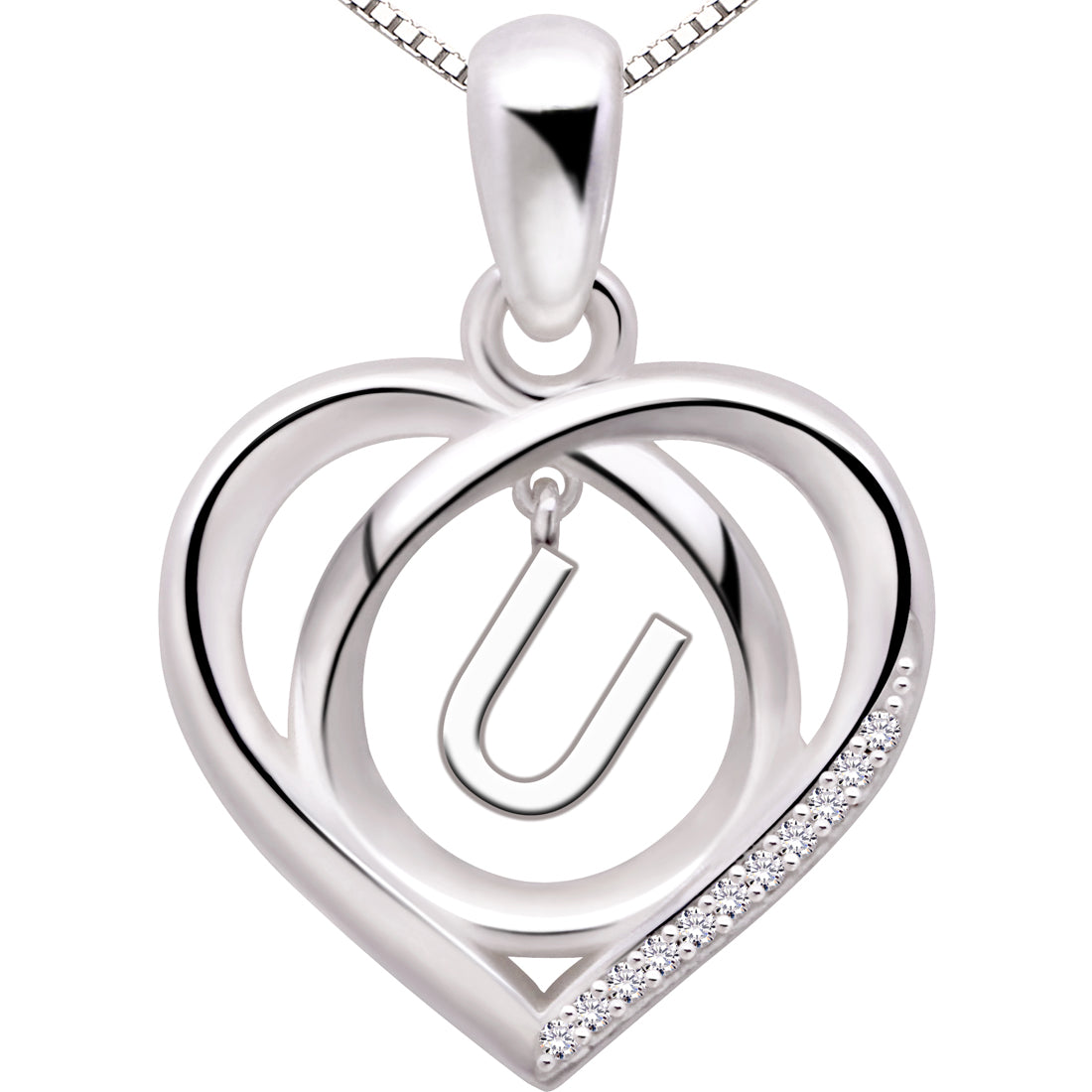 ALOV Jewelry Sterling Silver Initial Letter Alphabet Love Heart Cubic Zirconia Pendant Necklace