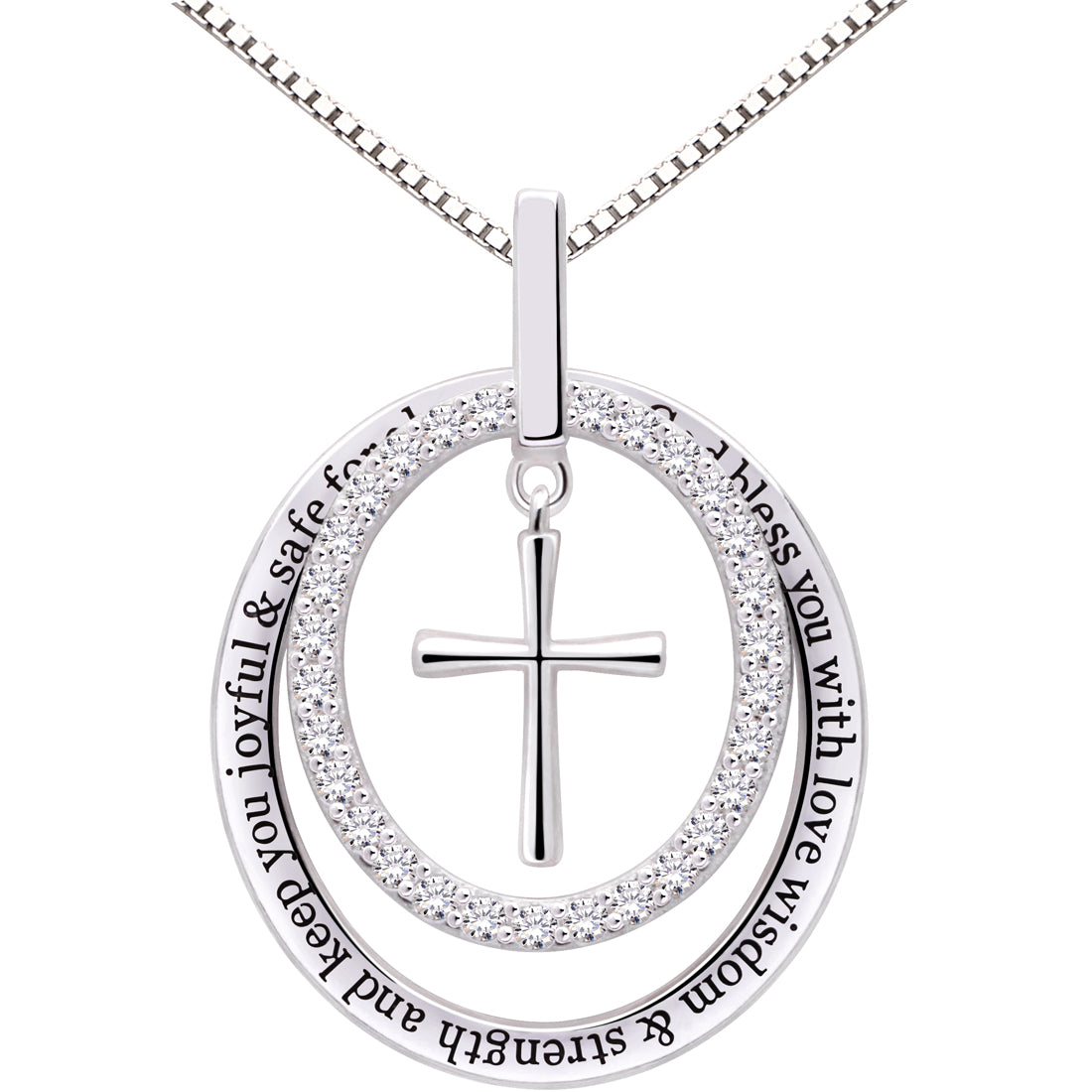 ALOV Jewelry Sterling Silver May God bless you with love wisdom & strength and keep you joyful & safe for always Cubic Zirconia Cross Pendant Necklace