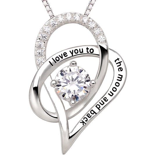 ALOV Jewelry Sterling Silver I Love You To The Moon and Back Love Heart Cubic Zirconia Pendant Necklace