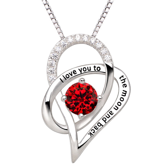 ALOV Jewelry Sterling Silver Birth Month "I Love You To The Moon and Back" Love Heart Cubic Zirconia Pendant Necklace