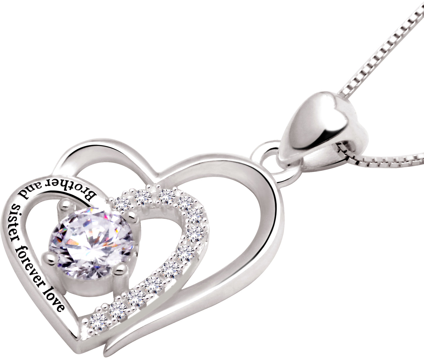 ALOV Jewelry Sterling Silver "Brother and sister forever love" Double Love Heart Cubic Zirconia Pendant Necklace