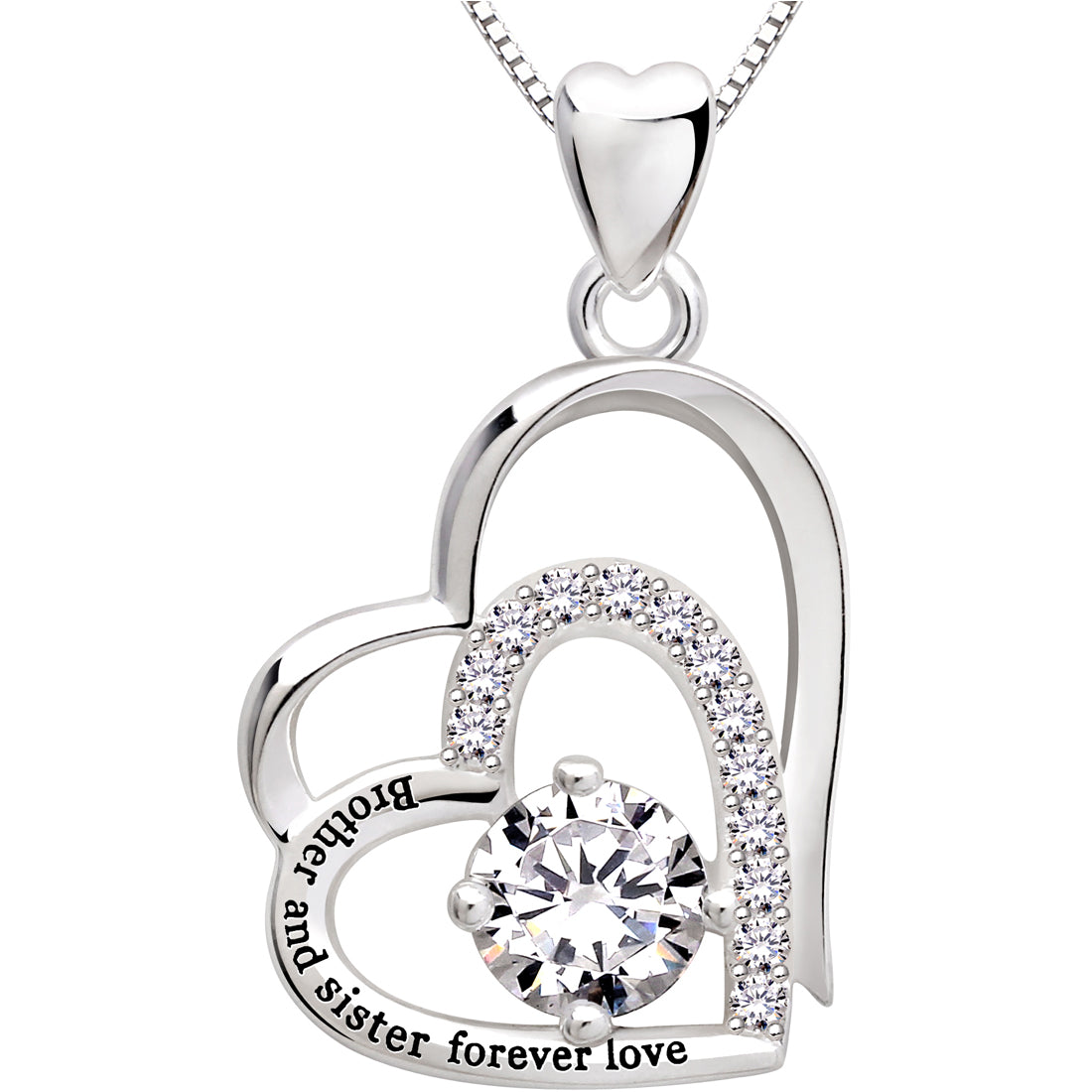 ALOV Jewelry Sterling Silver "Brother and sister forever love" Double Love Heart Cubic Zirconia Pendant Necklace