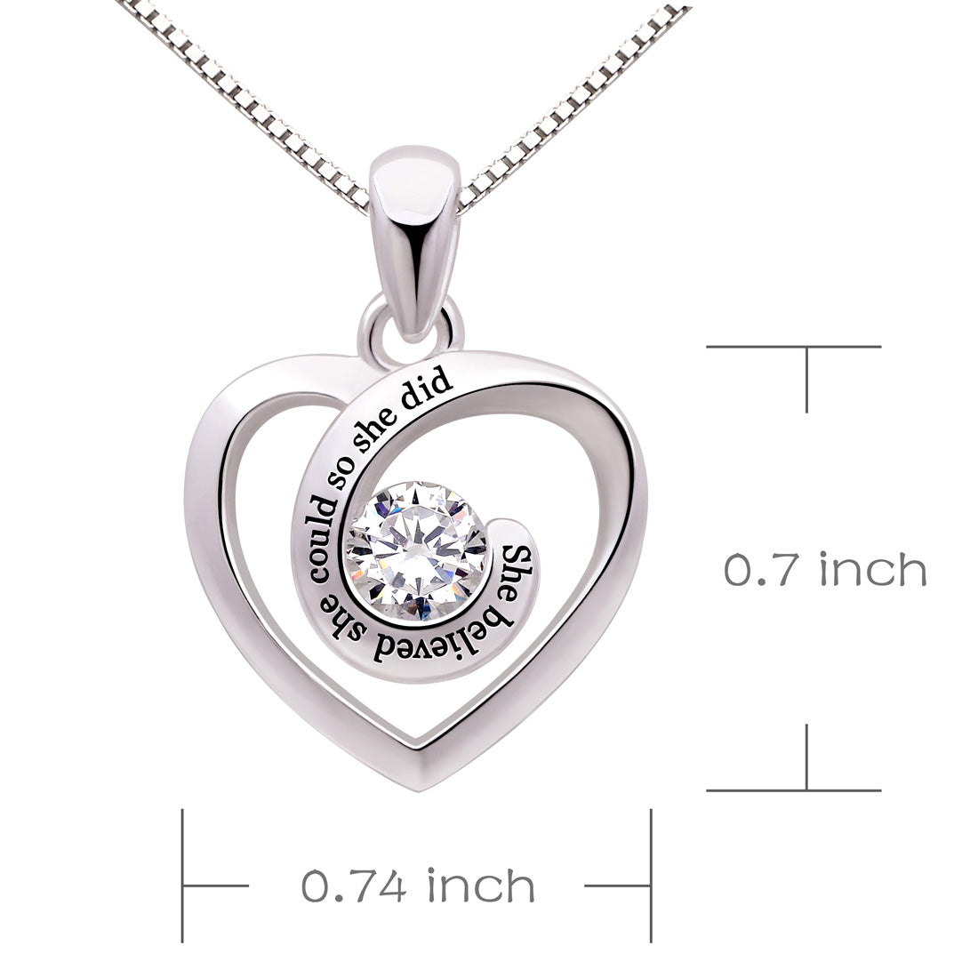 ALOV Jewelry Sterling Silver "She believed she could so she did" Love Heart Cubic Zirconia Pendant Necklace