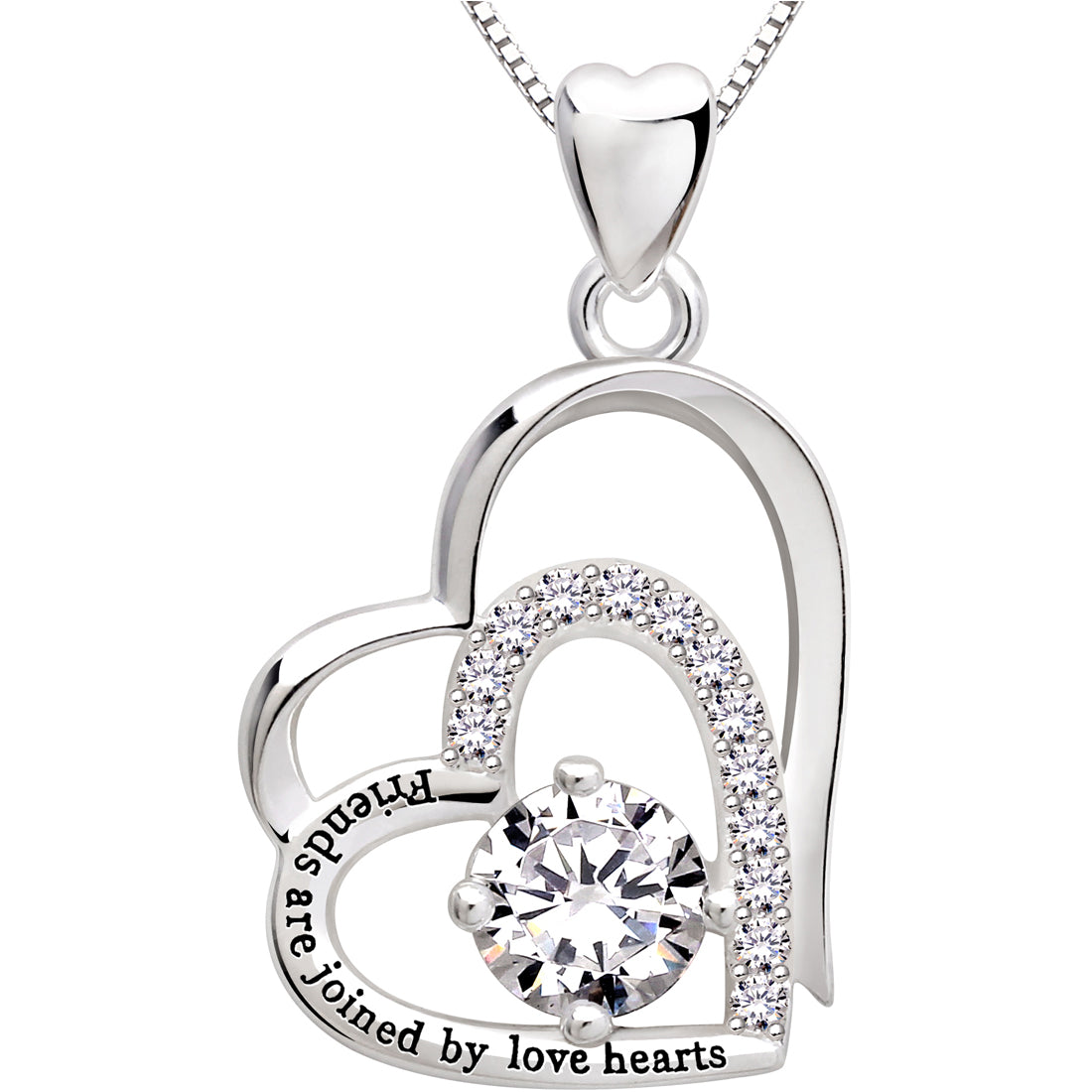 ALOV Jewelry Sterling Silver "Friends are joined by love hearts" Double Love Heart Cubic Zirconia Pendant Necklace
