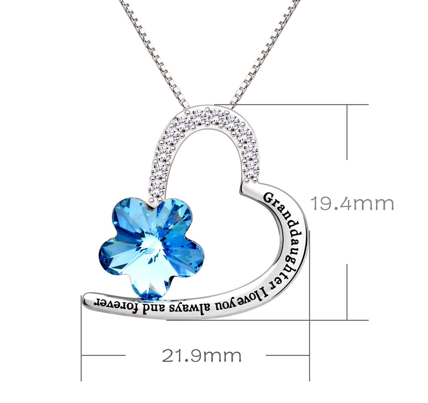 ALOV Jewelry Sterling Silver "Granddaughter I love you always and forever" Love Heart Blue Crystal Cubic Zirconia Pendant Necklace