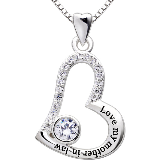 ALOV Jewelry Sterling Silver "Love my mother-in-law" Love Heart Cubic Zirconia Pendant Necklace