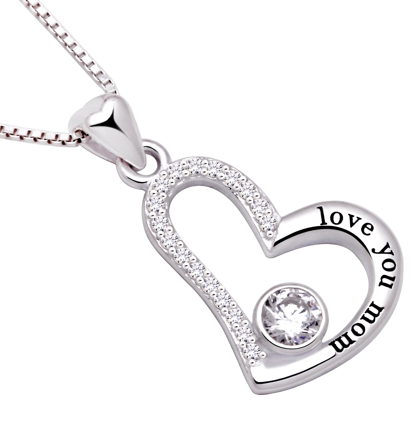 ALOV Jewelry Sterlingsilber-Halskette „Love You Mom“, Liebesherz, kubischer Zirkonia, Mutter-Anhänger-Halskette
