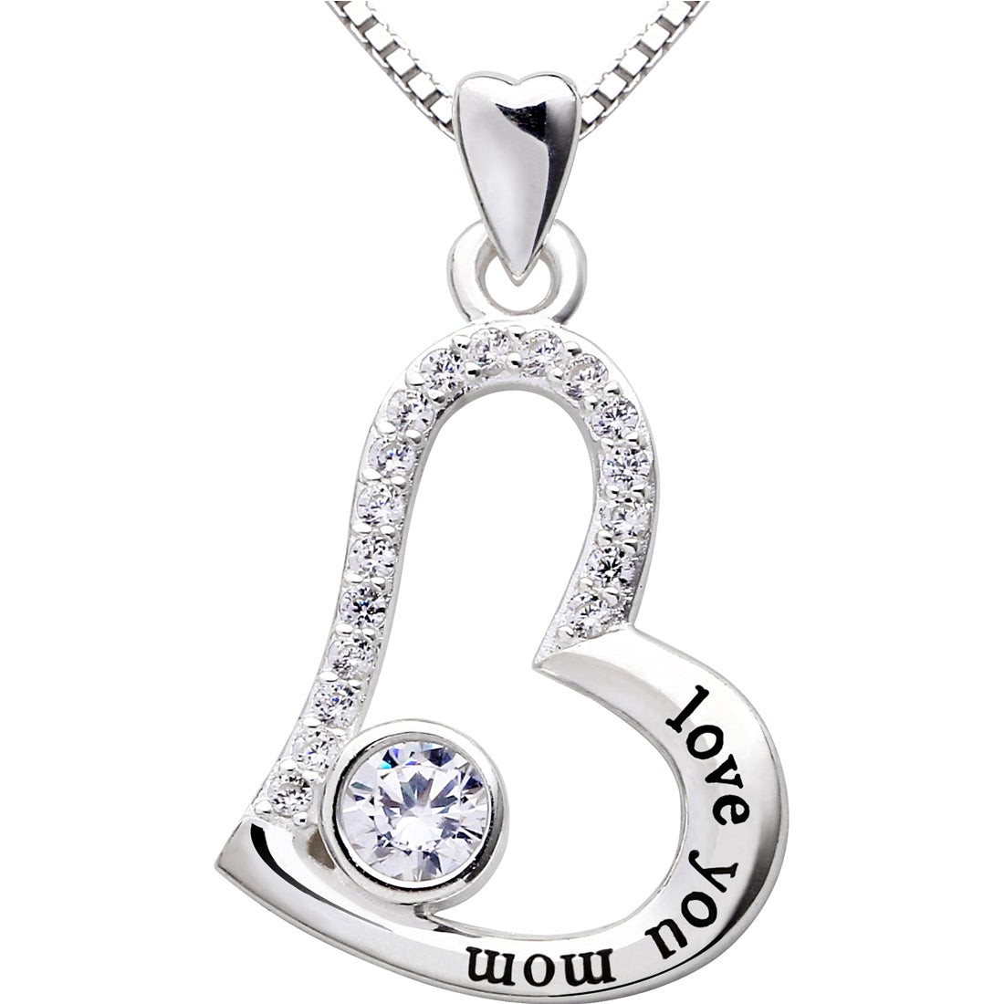 ALOV Jewelry Sterling Silver love you mom Love Heart Cubic Zirconia Mother Pendant Necklace