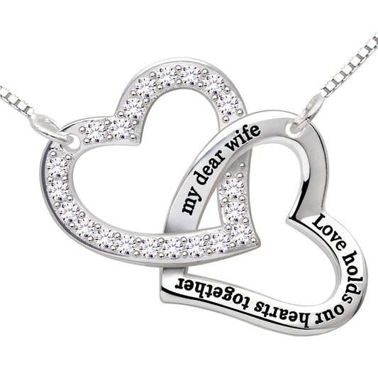 ALOV Jewelry Sterling Silver "my dear wife love holds our hearts together" Love Heart Cubic Zirconia Necklace