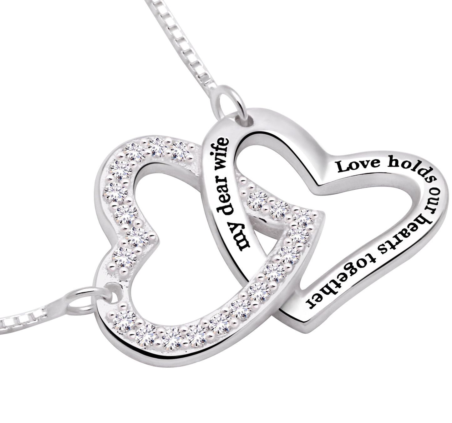 ALOV 珠宝纯银“我亲爱的妻子爱让我们的心在一起”爱心方晶锆石项链