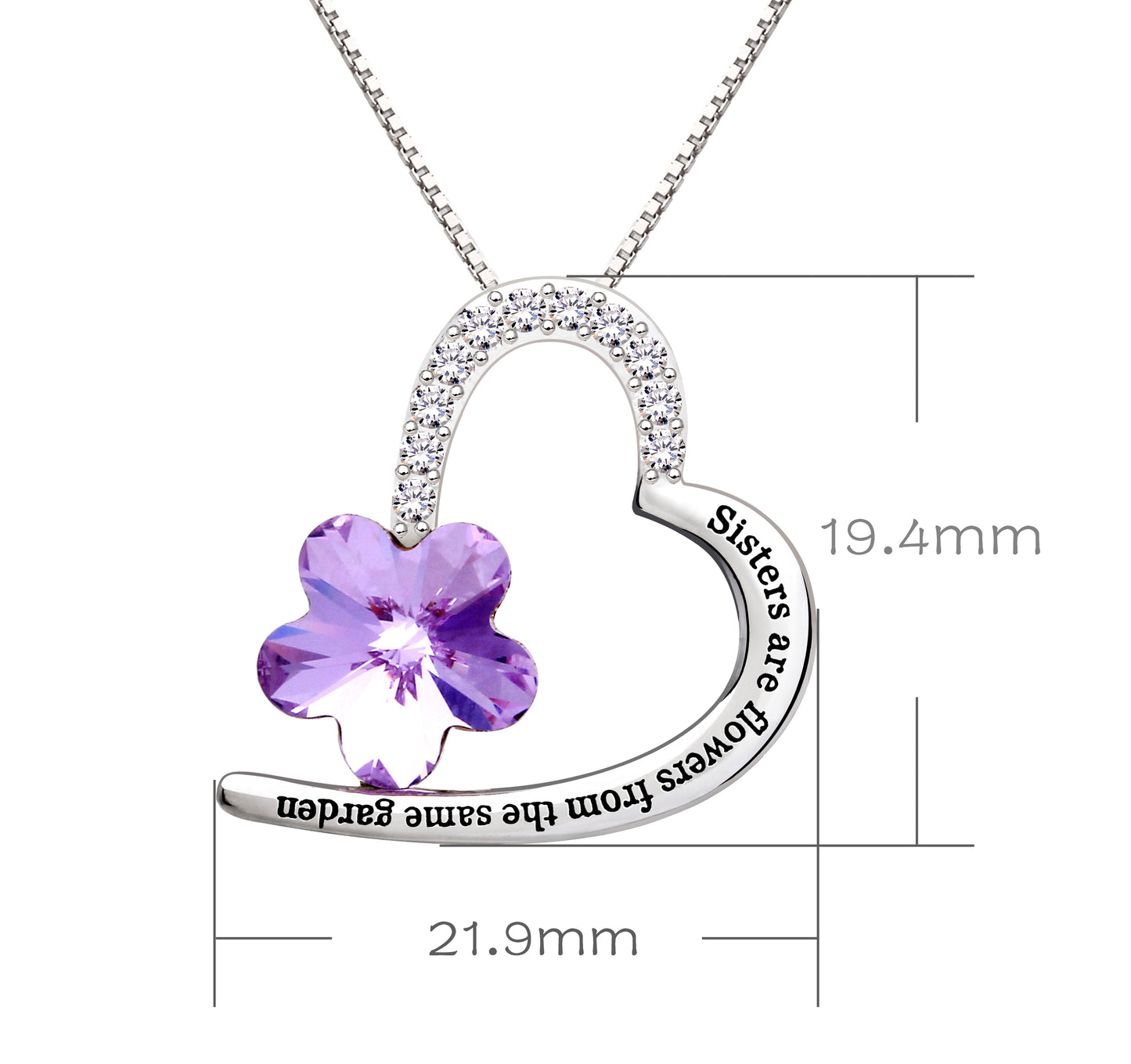 ALOV Jewelry Sterlingsilber-Halskette mit Anhänger „Schwestern sind Blumen aus demselben Garten“, Liebesherz, lila Kristall und Zirkonia