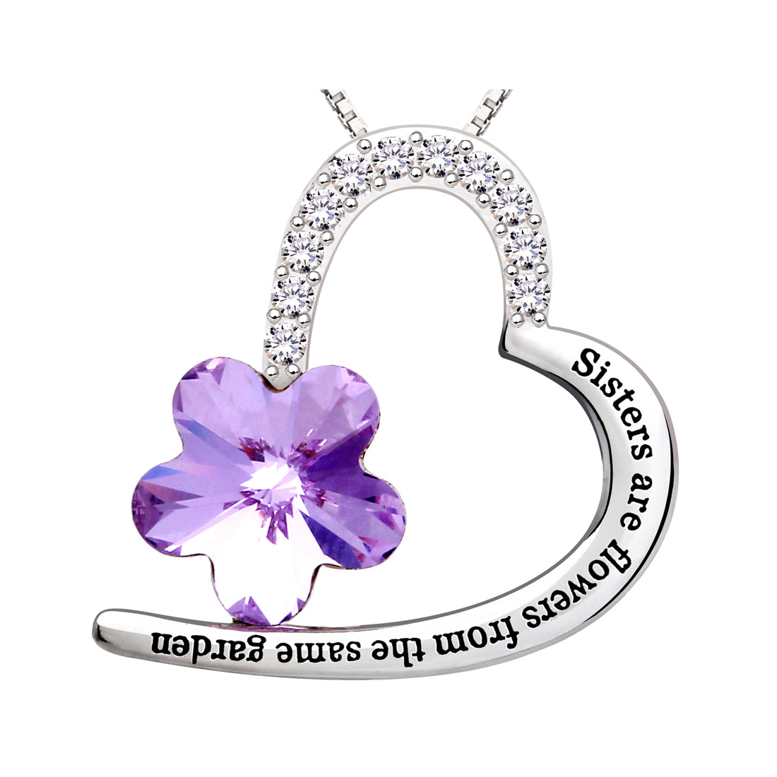 ALOV Jewelry Sterlingsilber-Halskette mit Anhänger „Schwestern sind Blumen aus demselben Garten“, Liebesherz, lila Kristall und Zirkonia