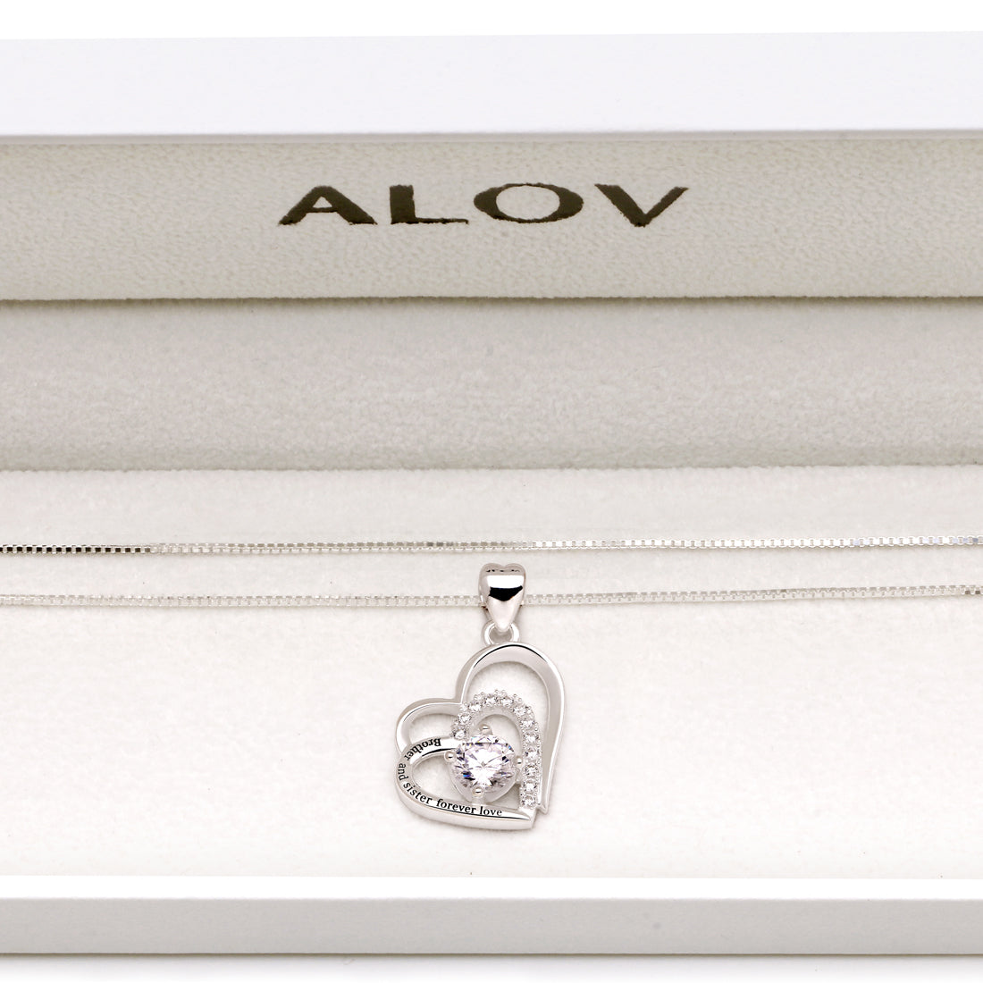 ALOV Jewelry Sterling Silver "Brother and sister forever love" Double Love Heart Cubic Zirconia Pendant Necklace