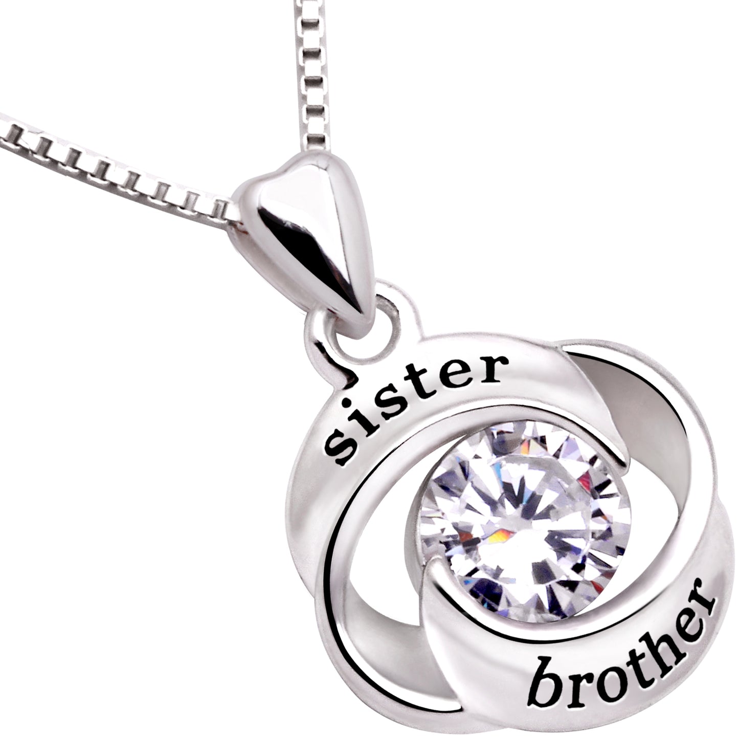 ALOV Jewelry Sterling Silver sister and brother Love Heart Cubic Zirconia Pendant Necklace