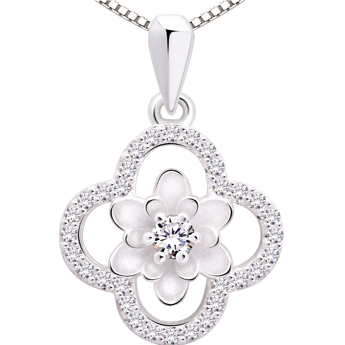 ALOV Jewelry Sterling Silver Four Leaf Clover Cubic Zirconia Pendant Necklace